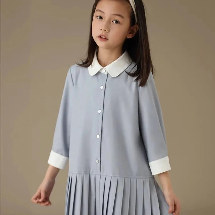 Autumn Girls Dress Spring Kids Princess Lapel Single-Breasted Three Quarter Dress Casual Children Clothing Dresses 3-16 Years