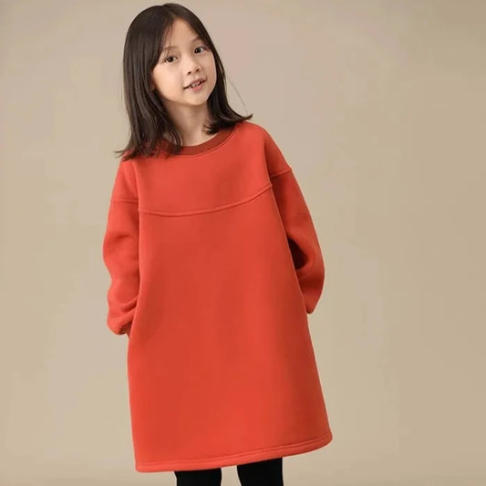 Winter Autumn Kids Girl Dress Hooded Warm Children'S Clothing Thicken Fleece Loose Dress Long Sleeve Toddler Girl Outerwear